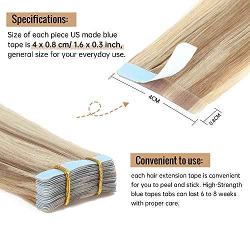 JESSBO Tape in Hair Extensions Human Hair Ash Blonde Highlighted Bleach Blonde 20 inch 20pcs 50g/pack Straight Seamless Skin Weft 100% Real Human Hair