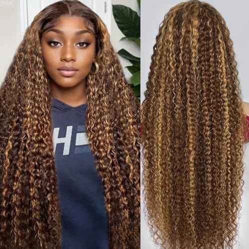 Honey Blonde Glueless Wigs Human Hair Pre Plucked Pre Cut Ombre Deep Wave Lace Front Wigs Human Hair 250% Density Upgrade 13x6 Frontal HD Lace Highlight P4/27 Curly Glueless Wig 22 Inch