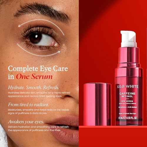 Koji White 3% Caffeine Eye Serum with 0.2% Retinol, Peptides, Hyaluronic Acid & Vitamin C for Puffiness & Dark Circles - Unscented, Vegan, Fragrance-Free 15 ML (0.50 Fl Oz)