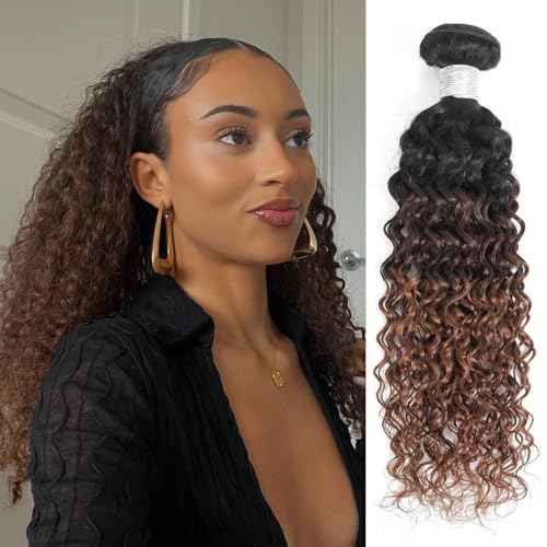 12A Brown Ombre Human Hair Bundles Water Wave 24 Inch, Chestnut Ombre Brown Wet n Wavy Single Bundle with Dark Roots 3 Tone Color #T1B/2/30 Thick Sew In Weave Remy Hair Keep Soft After Washes