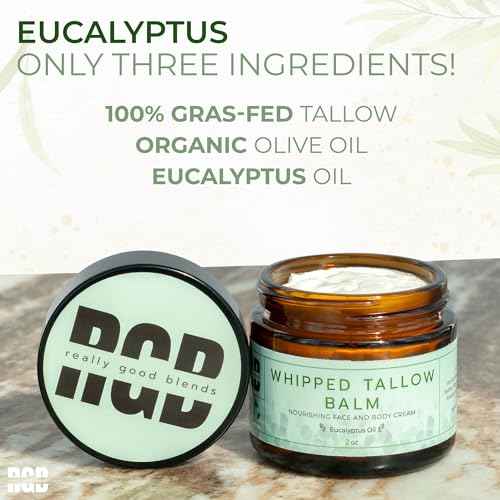 Whipped Tallow Balm (Eucalyptus), Organic Body Butter Cream, Grass Fed Beef Tallow for Skin Moisturizer, All Natural Lotion, 2 oz