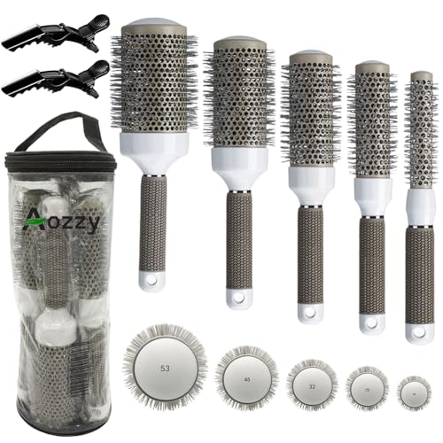 Round Brush Set for Blow Drying Curling, Professional Ceramic Ion Thermal Barrel Brush Leaves Hair Shiny Heat Styling Brush 5 Different Sizes Works Very Well with The Blow Dryer