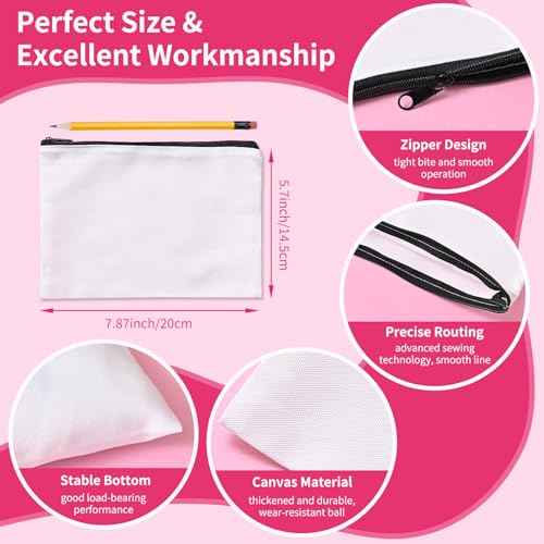 AMDAILY 50Pcs Sublimation Blank Canvas Makeup Bags, Bulk Blank DIY Heat Transfer Cosmetic Makeup Bags w/Black Zipper Gift Box for Bridesmaid Makeup Bag Travel Toiletry Pouch Storage, Christmas Craft