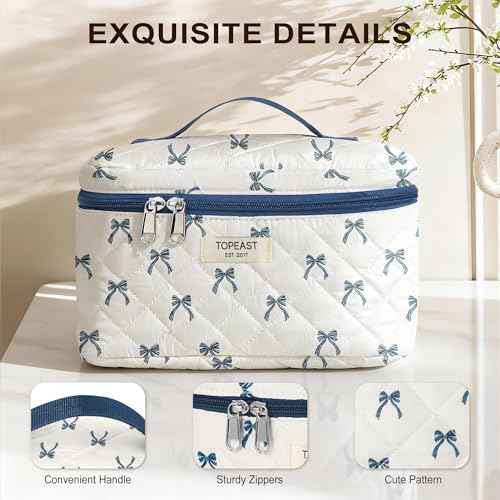 TOPEAST Christmas Gifts for Women Girls - 3Pcs Travel Makeup Bag Large Cute Quilted Make Up Bag for Purse, Portable Big Cosmetic Brush Pouch, Blue Bow