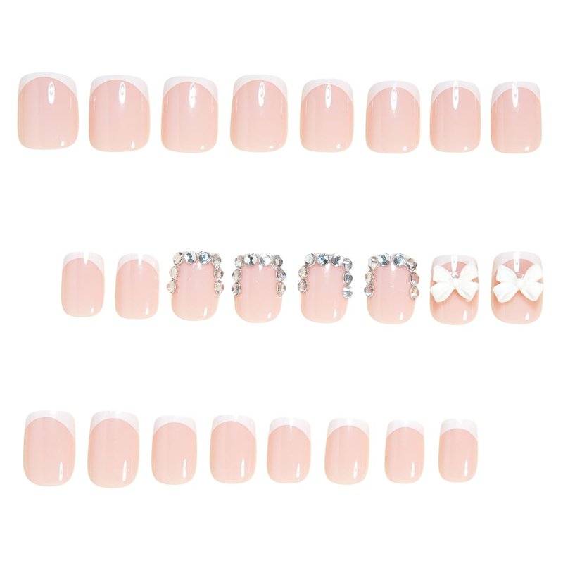 Skiennix 24Pcs Short French Tip Press-On Nails - Glossy Pink with 3D White Bow & Rhinestones | Reusable Acrylic for Weddings & Daily Use