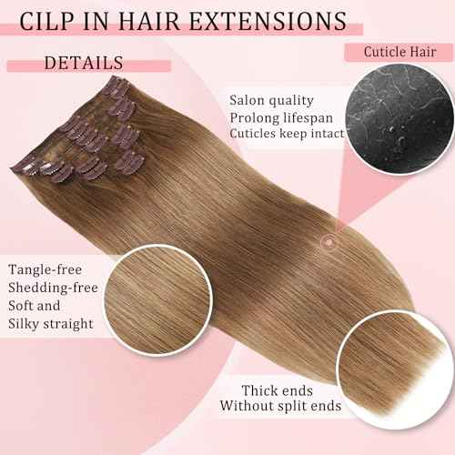 Clip in Hair Extensions Real Human Hair Clip in Extensions for Women Seamless Invisible Chestnut Brown Natural Remy 100% Human Clips ins Extension 8pcs Double Weft 24 inch 4.2oz/120g