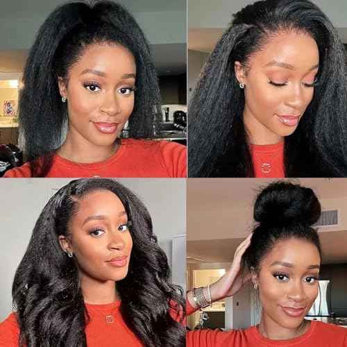Nvnvdij Kinky Straight Half Wig Human Hair 200% Density Wear Go Glueless Wigs Human Hair 16 Inch Kinky Straight 3 In 1 Half Wigs for Women Drawstring Seamless Flip Headband Wig Beginner Friendly