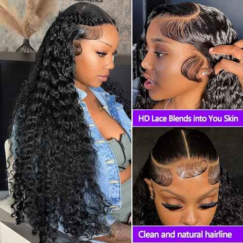 Lemoda 13x6 Water Wave Lace Front Wigs Human Hair 20 inch HD Lace Brazilian 15A Deep Wave Frontal Wigs 180% Density 13x6 Curly Human Hair Wig with Baby Hair Glueless Water Wave Wig For Black Women