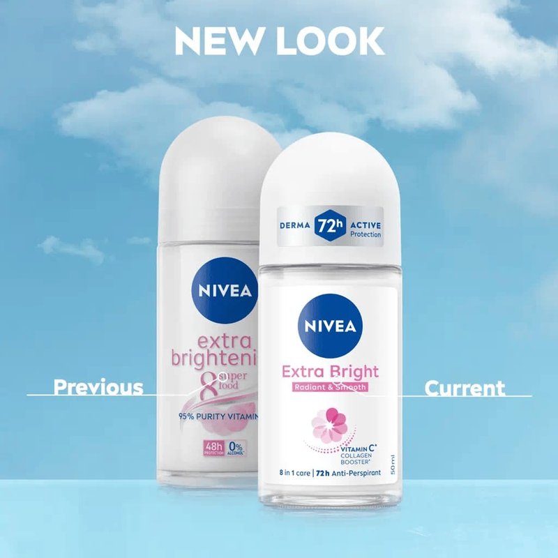 NIVEA Extra Bright 8 Super Food Vitamin C Collagen Booster Underarm Roll-On Deodorant, Alcohol-Free, 72HR Odor Protection, Smooth & Bright Skin, 50ml, 1.69oz, Pack of 3
