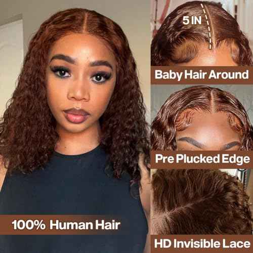 Curly BOB Wig Human Hair 200 Density 5x5 HD Lace Closure Deep Wave Wigs for Black Women Glueless Wear and Go Pre Plucked Deep Wave Wet and Wavy Glueless Wigs Human Hair Chocolate Brown 14 Inch