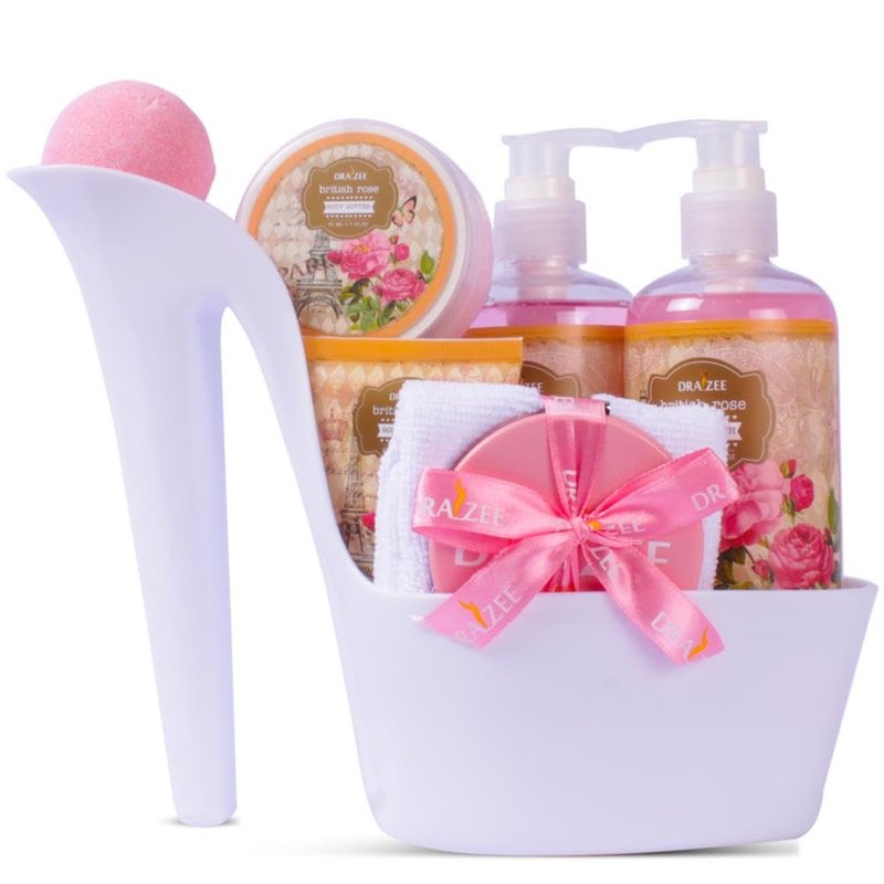 Mother’s Day Gift Baskets for Women, 8 Pc British Rose Spa Gift Set, Heel Shoe Bath Basket, Luxury Self Care Kit for Mom, Relaxing Bath and Body Set, Home Spa Gifts for Her by Draizee