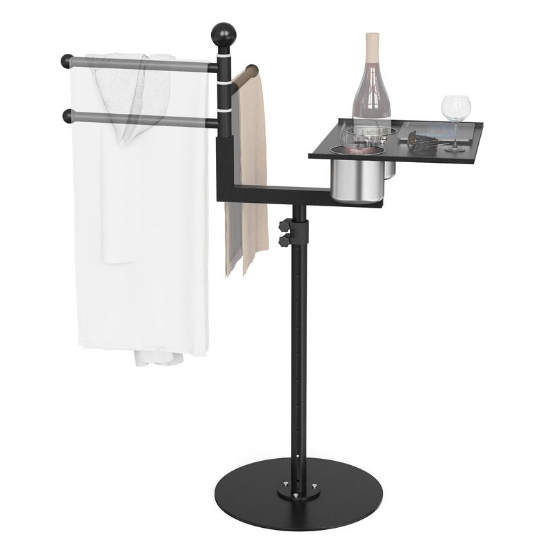 2-in-1 Pool Towel Rack Outdoor, Adjustable Height Poolside/Hot Tub Side Towel Rack Combine 360°Rotating 3-Bar & Tabletop, Space-Saving Freestanding Towel Holder for Poolside, Hot Tub, Patio Area