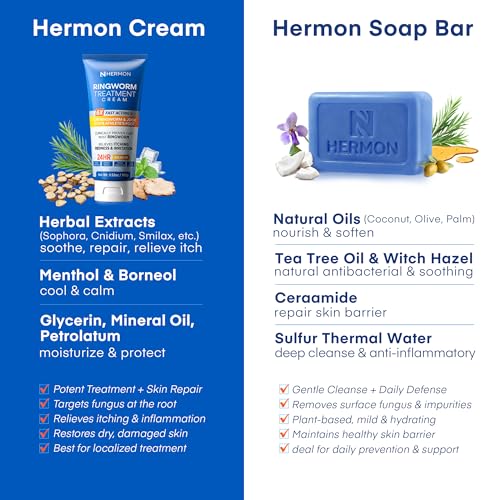 Hermon Ringworm Treatment Anti-fungal Kit - RingWorm Treatment for Humans 3.52 oz cream 4 oz soap bar for Ringworm, Athlete's Foot, Jock Itch, Eczema, Tinea - for Adults and Kids