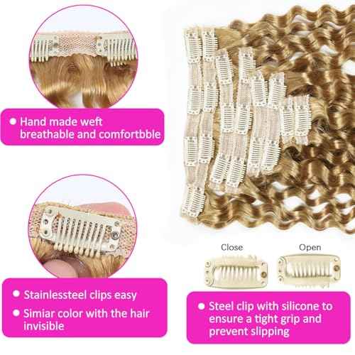 Curly Clip in Hair Extensions Real Human Hair 24inch 120g Invisible & Seamless 100% Brazilian Remy Human Extension Deep Wave Clip ins Extensions Double Weft 8 PCS with 20 Clips #27 Honey Blonde