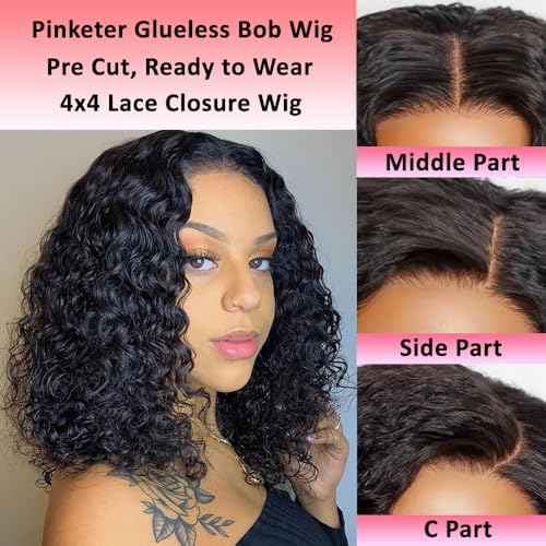 Bob Wig Human Hair Deep Wave Glueless Wigs Human Hair Pre Plucked Pre Cut 4x4 Wear and Go Wig for Black Women Beginner Friendly Natural Color (Glueless Curly Wig, 16inch)