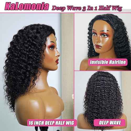 Half Wig Human Hair Deep Wave 200% Density Curly Half Wig Drawstring Seamless Flip Over 3 In 1 Half Wigs for Black Women Wear and Go Glueless Headband Wig Human Hair Beginner Friendly 16 Inch