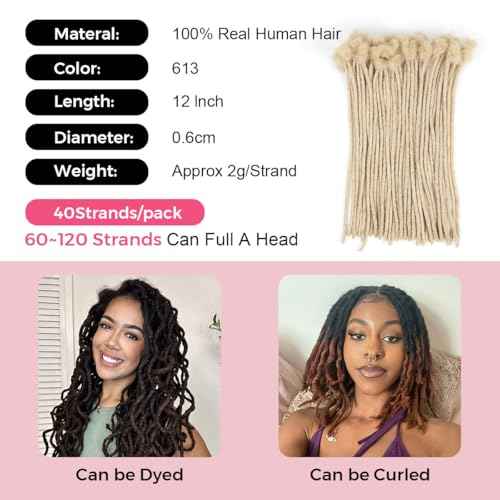 Lounoke12Inch 40 Strands Loc Extensions Human Hair, 0.6cm Pencle Size Dreadlock Extensions Human Hair for Women Men Full Handmade Permanent Dreads Locs(613#)
