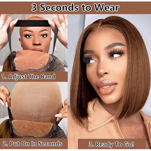 Chocolate Brown Bob Wig Human Hair Wear and Go Glueless Wigs Pre Plucked Pre Cut 4x4 Lace Closure Glueless Short Straight Bob Wigs for black women Human Hair 16 inch