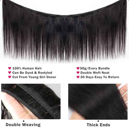 Straight 3 Bundles Human Hair 22 24 26 Inch 100% Unprocessed Brazilian Virgin Human Hair Bundles Double Weft Weave Bundles Straight Hair 70g/Bundle Hair Natural Color