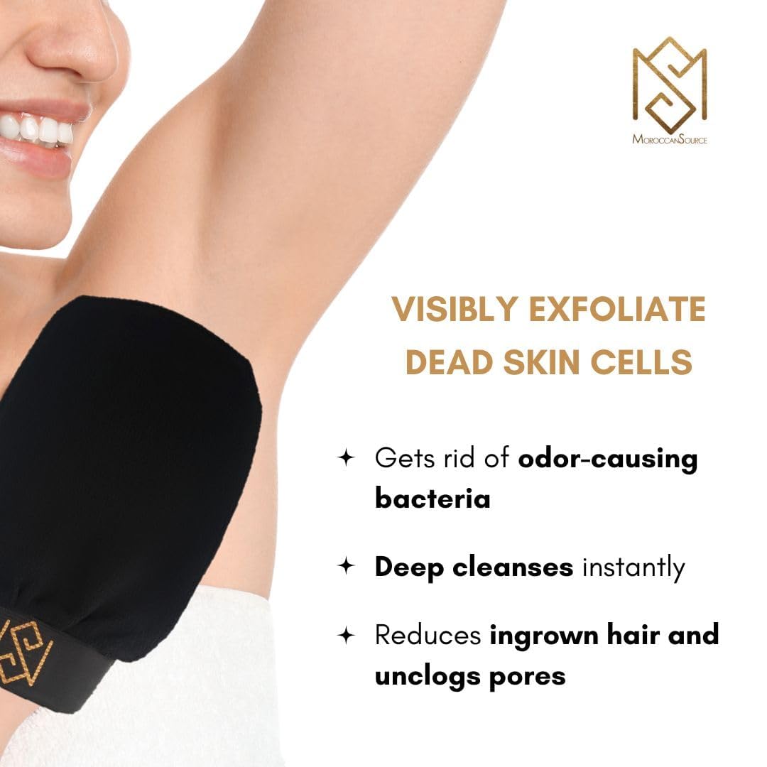 Exfoliating Glove Kessa Mitt Body Scrubber - Dead Skin Remover Shower Glove for Dead Skin Scrubbing and Deep Pore Cleansing - by MoroccanSource (1 Pack Black)