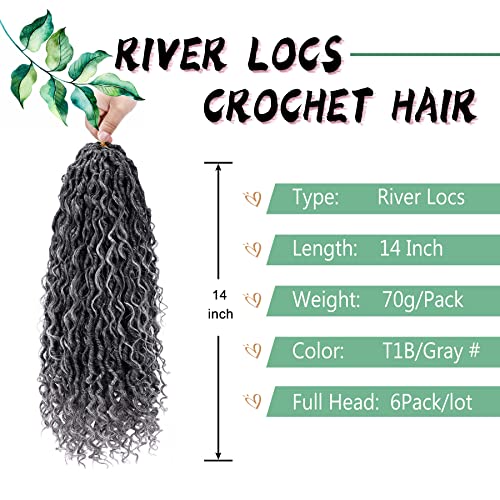 LIYATE Goddess Locs Crochet Hair 14 Inch 6 Packs Faux Locs Crochet Hair for Black Women Pre Looped Soft River Locs Crochet Braids with Curly Hair Bohemian Hippie Locs Hair Extensions(T1B/Gray)