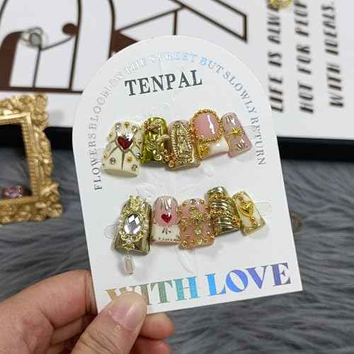 10Pcs Ballerina Press On Nails With Tools,Egyptian Palace Relief Glue on Nails with Gold Cross & Pearls,Handmade 3D Saint Charms Fake Nail Kits, Vintage Epic Acrylic Coffin Duckbill Nails(L)
