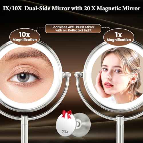 VESAUR 2025 9.3" Large 5000mAh Rechargeable Lighted Makeup Mirror Nickel, 1X/10X/20X HD Magnifying Mirror with Compact Suction, 3 Color Dimmable Light, 360¡ÆSwivel Seamless Vanity, Gift Box