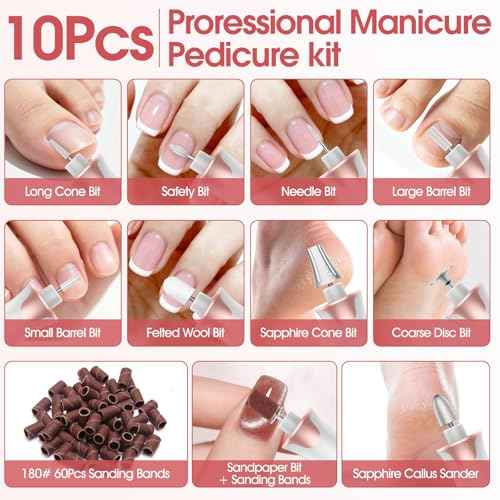 Electric Nail Drill Kit, Haootadiy Professional Manicure Pedicure Set Rechargeable with Nail Drill Bits Sanding Bands, Cordless Electric Nail File Buffer for Acrylic Gel Dip Powder Nails Grind Trim