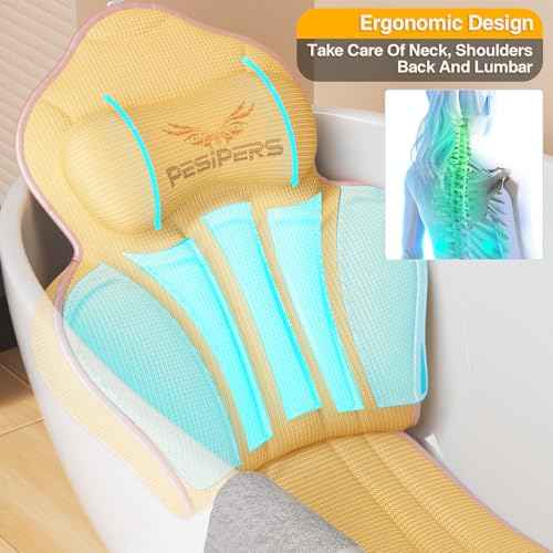 Ergonomic Full Body Bath Pillow for Bathtub, 3.9 inch Thickened Tub Pillows for Back Support and Headrest Neck, Soft 5D Air Mesh Cushion & Mat, Bathtub Pillow with 13 Suction Cups(Gold)