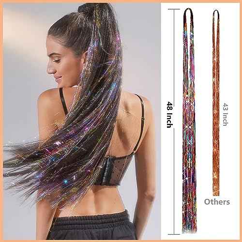 Hair Tinsel Kit (48 Inch,12 Colors, 3800 strands), Fairy Tinsel Hair Extensions with Tools - Glitter Hair Tinsel Heat Resistant Accessories for Girls Women Kids Christmas New Year Halloween Cosplay