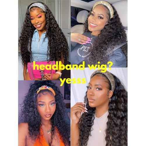 Water Wave Headband Wig Human Hair 18inch Curly Drawstring Headband Wigs Human Hair Wear and Go Glueless Wigs for Black Women Brazilian Virgin Hair 220 Density Natural Color
