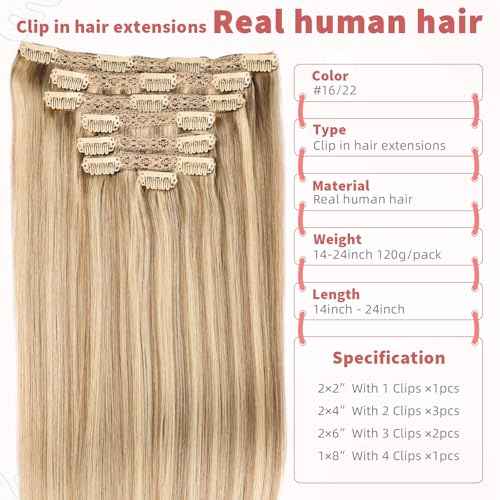human hair clip in extensions Soft&Natural 120g 7pcs hair extensions real human hair clip insHair Straight&Invisible (20 Inch,#16/22)
