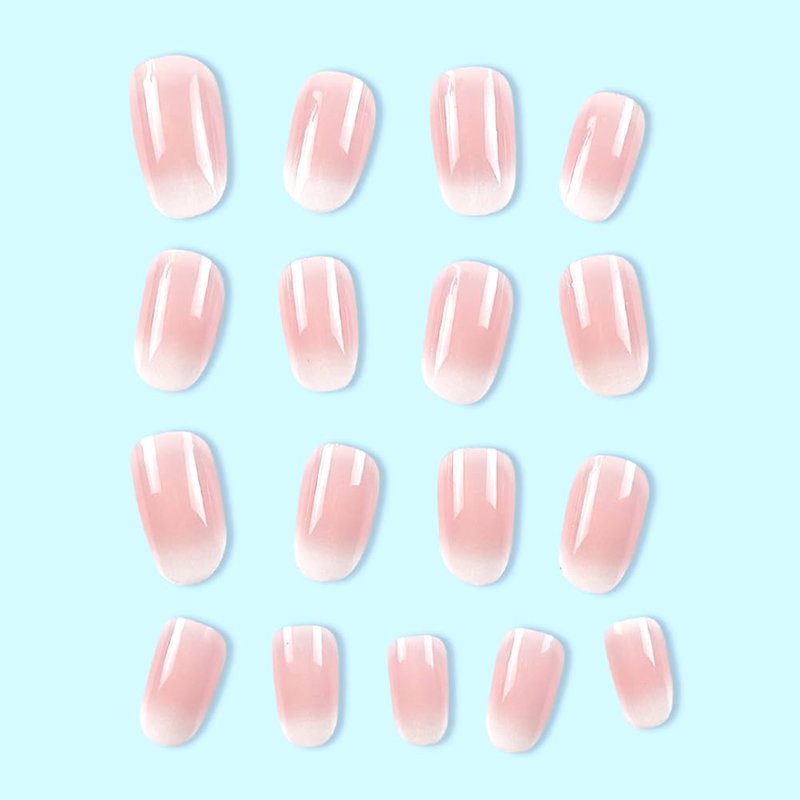 RUPOFUZA Almond Press on Nails Short Squoval Fake Nails Pink Ombre White False Nails with Glossy Press ons Designs Acrylic Press on Artificial Stick on Nails for Women 24Pcs