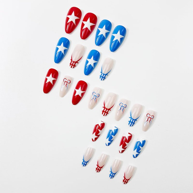 Patriotic 4th of July Press-On Nails - Medium Almond French Tip with Star & Bow Designs | Red, White, Blue Acrylic