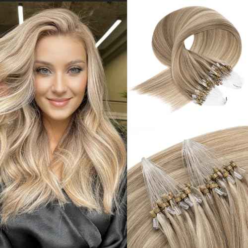 Micro Link Brown Hair Extensions Human Hair Micro Loop Human Hair Extension #16/22 Straight Natural Hair 24 Inch 1g/s 50g Micro Bead Extension(#16/22, 24inch)