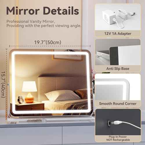 MINISO Vanity Mirror with Lights, 20" x 16" LED Makeup Mirror, Light & Brightness Adjustment, Smart Sensor, 360¡ÆRotation, Aluminum Alloy Metal White Frame, with 10X Magnifying Glass