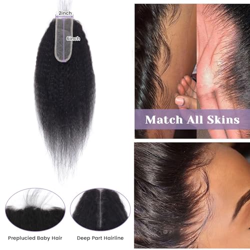 Kinky Straight Closure 2x6 HD Lace Yaki Straight Lace Closure Transparent 100% Real Human Hair Middle Part Long Parting Natural Black 1B Color 16 Inch