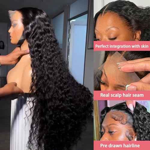 Dianthe Deep Wave Lace Front Wigs Human Hair 13x6 HD Lace Deep Curly Human Hair Wig 180% Density Lace Frontal Wigs for Black Women Glueless Wig Pre Plucked Natural Color with Baby Hairline (24 Inch)