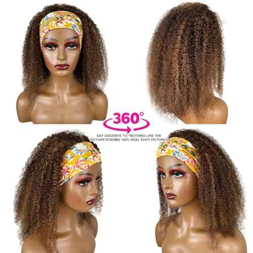 Ombre Highlight Headband Wig Human Hair #4/27 Colored Kinky Curly Headband Wig for Black Women Glueless None Lace Front Human Hair Wigs Brazilian Virgin Hair Wear and Go Wigs 150% Density 20 Inch
