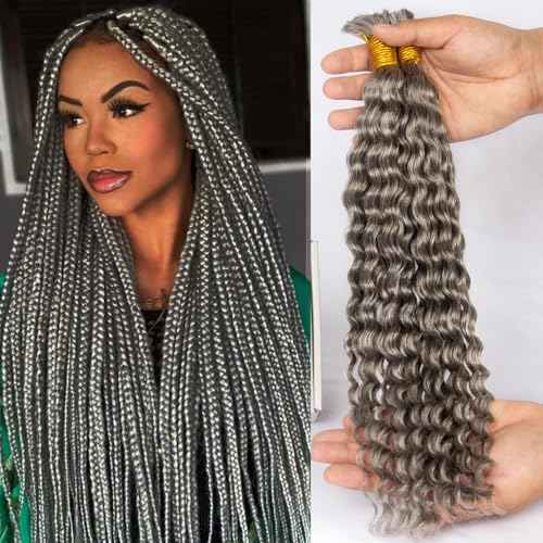 Human Braiding Hair for Boho Braids,Deep Curly Bulk Salt and Pepper Human Hair 100g 2 Bundles/Pack Brazilian Virgin Hair No Weft Wet and Wavy Gray Hair Extensions for Black Women 18 Inch