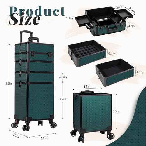 AROUS Rolling Makeup Train Case 4 in 1 Cosmetology Case on Wheels Large Storage Cosmetic Trolley with Key Salon Barber Case Traveling Cart Trunk, Green