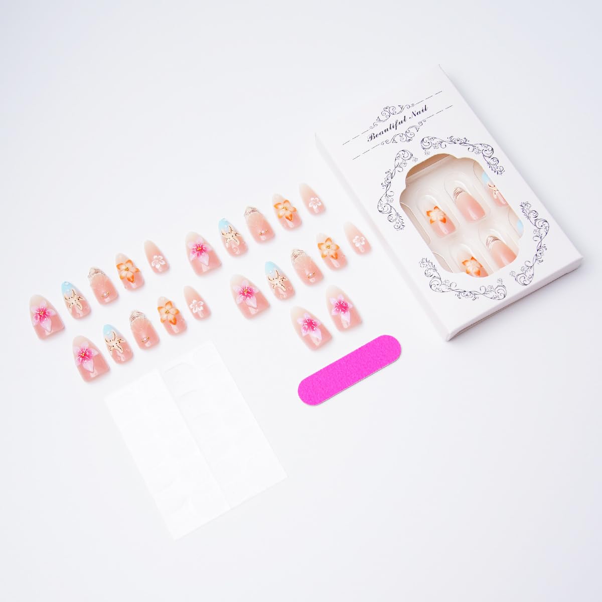 Summer Beach Press-On Nails - 30 Pcs French Almond Shape with 3D Seashell & Starfish Design | Glossy Ocean Theme Acrylic