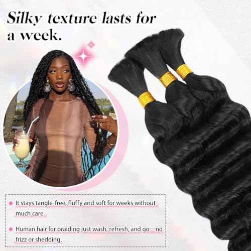 16 Inch Deep Wave Human Braiding Hair for Boho Braids ? 120g 3 Bundles/Pack Natural Black 100% Unprocessed 12A Brazilian Virgin Human Hair Bulk, No Weft, Wet & Wavy Curly Extensions