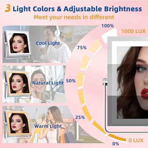 Ruacq Rechargeable Makeup Mirror, 4000mAh Lighted Makeup Mirror with Magnification 1X/10X, Height Adjustable Vanity Mirror with Lights, 3 Color Lights, Adjustable Brightness, 360¡ÆRotation (Chrome)