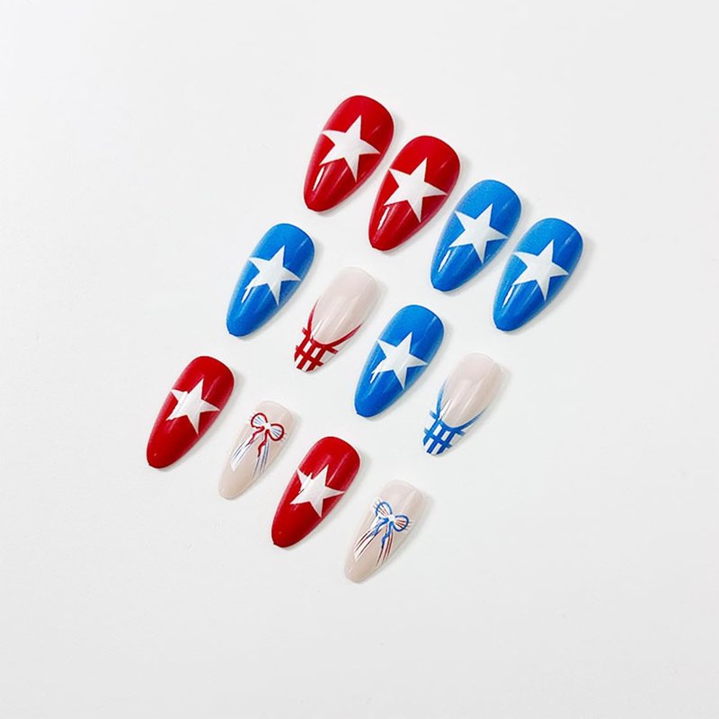 Patriotic 4th of July Press-On Nails - Medium Almond French Tip with Star & Bow Designs | Red, White, Blue Acrylic