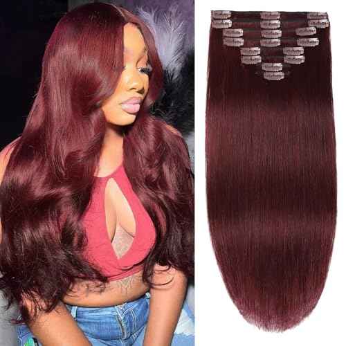 Clip in Hair Extensions Real Human Hair 3.9oz/110g Clip ins 100% Brazilian Remy Human Hair Extension for Women 8pcs Per Set with 18 Clips Double Weft (22 Inch #99J Burgundy)