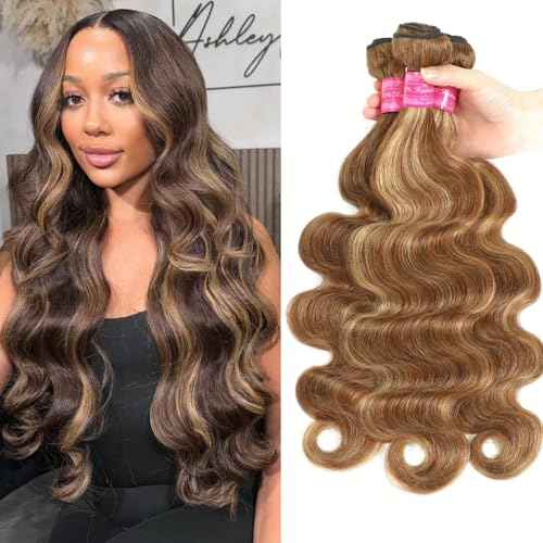 Ombre Human Hair 3 Bundles 14 16 18 Inch Ombre Highligh Body Wave Human Hair Bundles Brown 12A 100% Unprocessed Brazilian Virgin Remy Hair Bundle Double Weft Hair Extensions for Black Women