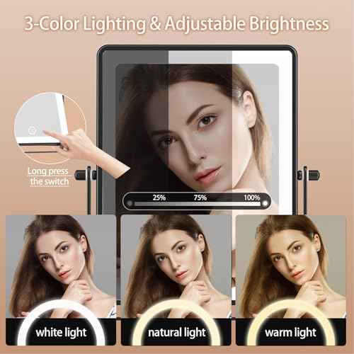 FASCINATE 5000mAh Rechargeable Wall Mounted Makeup Mirror, 8.7" Double Sided Touch Switch 1X 30X Rectangle Magnifying Mirror with Light, 3 Color Setting, Extended Arm 360¡Æ Swivel Foldable Black