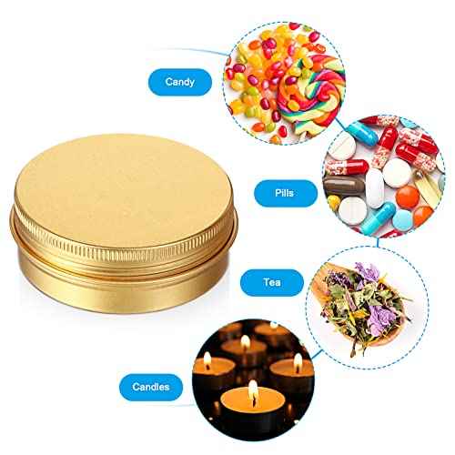 Patelai 2 oz 120 Pcs Metal Round Tins Aluminum Tin Cans Salve Tins Containers with Screw Lid 20 Sheets Stickers for Christmas Salve Spice Candies Balms Candles(Gold)