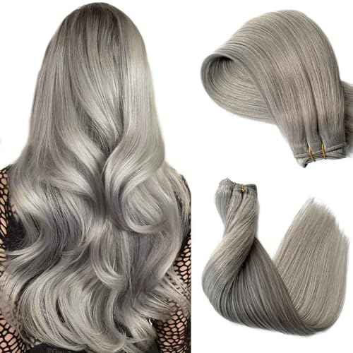 Grey Real Human Hair Extensions Sew in Bundles Double Weft Silver Sew in Hair Extensions Real Human Hair Wefts 20 Inch 100G Thick and Full Gray Remy Hair Bundles for Length/Volume